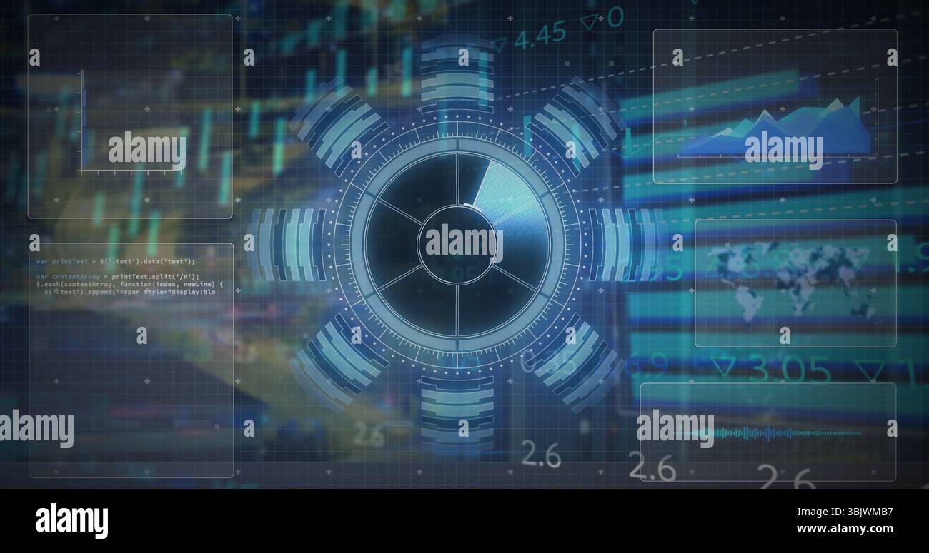 Animation d'une jauge circulaire centrale affichant des barres segmentées dans l'affichage tête haute, avec des panneaux de données translucides Banque D'Images