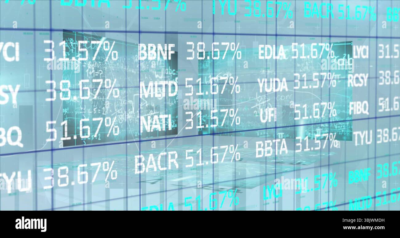 Affichage transparent de la superposition de ticker sur la salle des marchés, avec écran d'ordinateur et murs de verre Banque D'Images