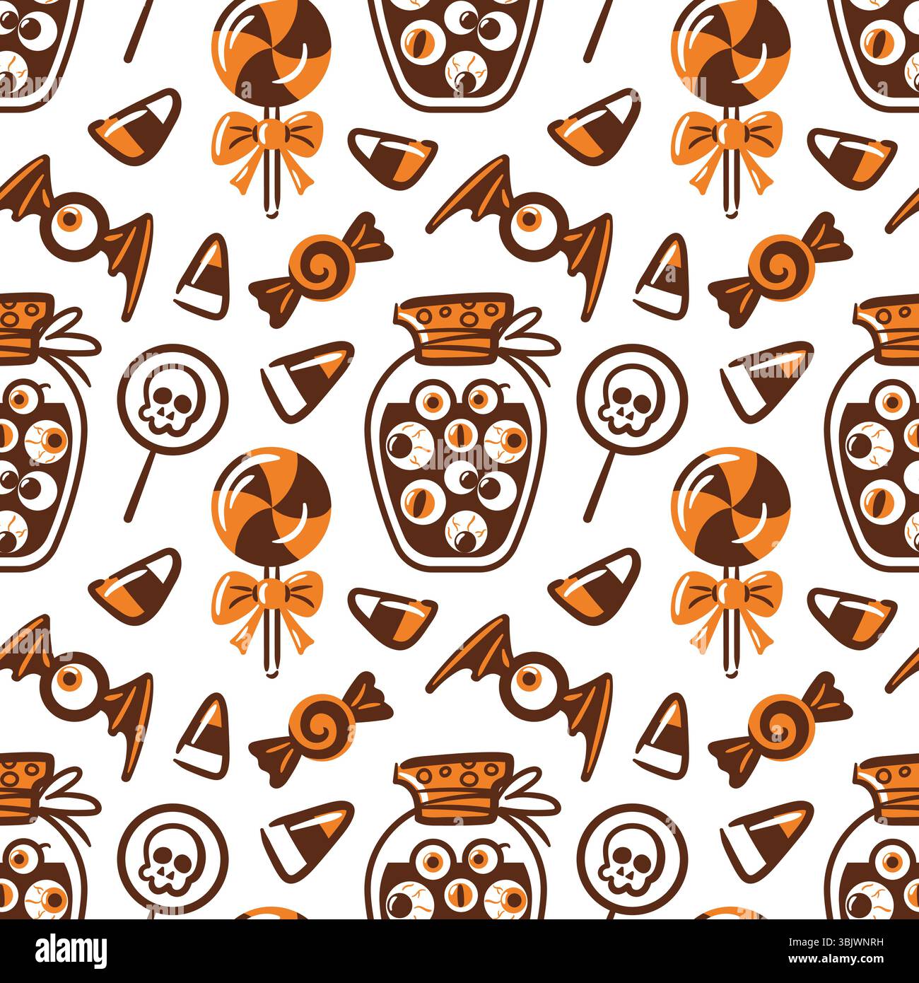 modèle sans couture avec un pot fantaisiste rempli, bonbons en forme d'yeux, sucettes, crânes et chauves-souris. le design ludique capture le plaisir et l'effrayant Illustration de Vecteur