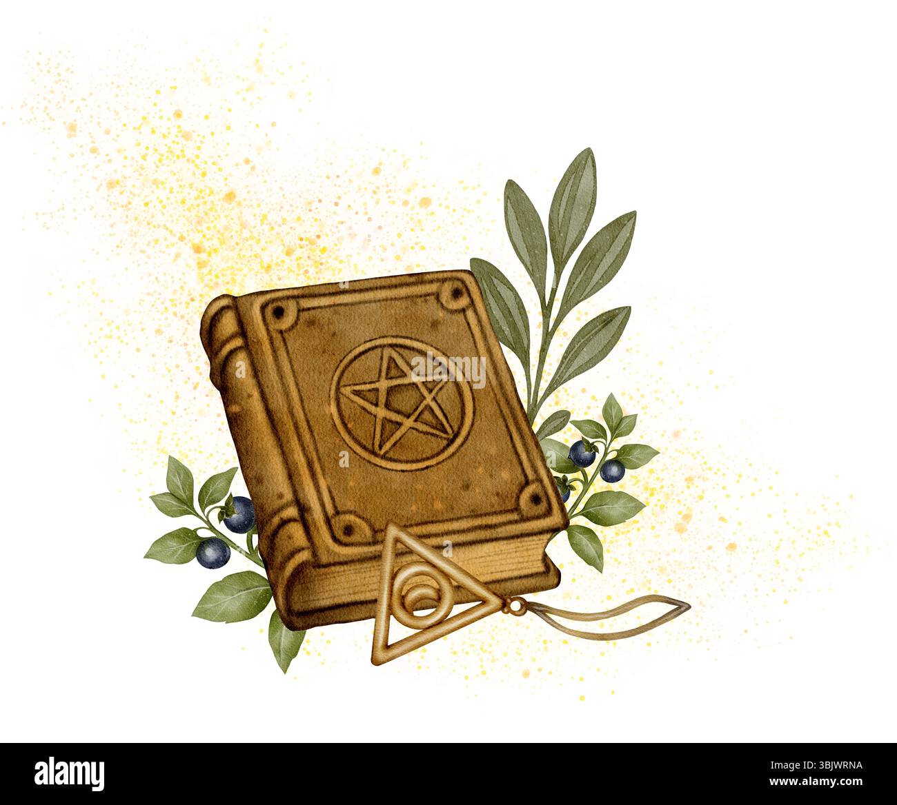 Vieux livre magique avec symbole de pentagramme, charme d'oeil de triangle et herbes. Dessin peint à la main. Technique d'aquarelle sur fond blanc. Parfait pour les couvertures de livres, les affiches, la fantaisie et les dessins ésotériques. Banque D'Images
