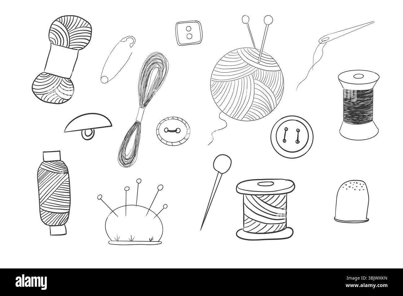 Set de couture avec fil, aiguille doodle dessiné à la main. Collection de broderie artisanale faite à la main. Kit tailleur vintage. Accessoires de couture. Illustration vectorielle Illustration de Vecteur