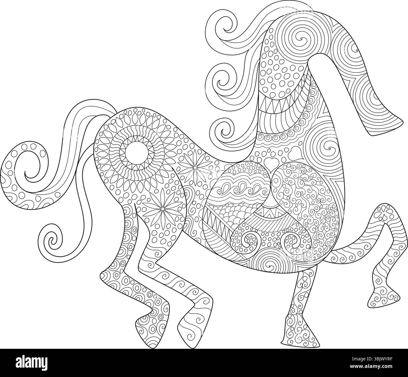 Illustration complexe d'art au trait d'un cheval orné de motifs zentangle détaillés, parfait pour les livres de coloriage pour adultes, la relaxation, la méditation ou la déco Illustration de Vecteur