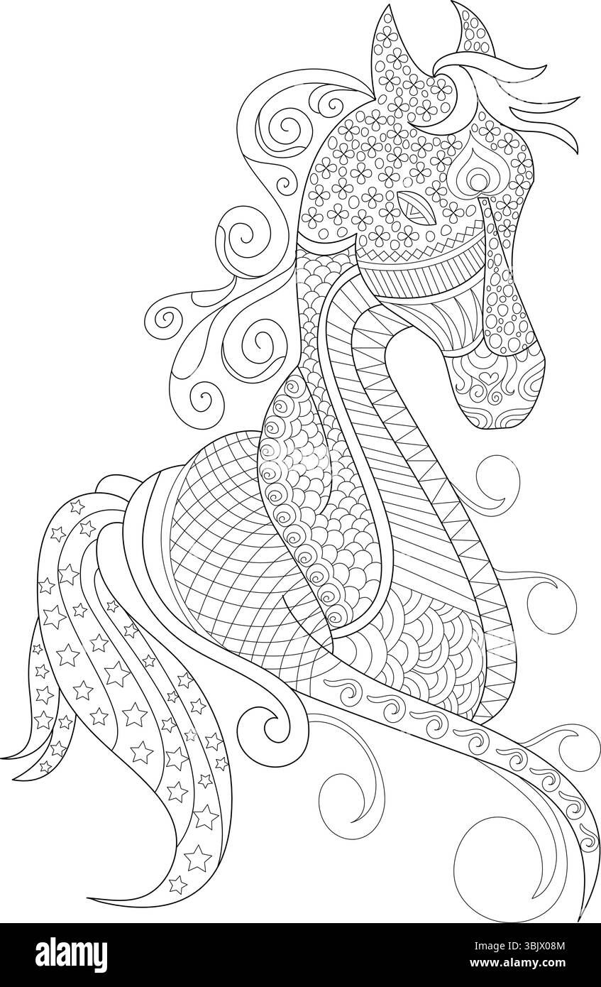 Une illustration d'art de ligne en noir et blanc complexe d'un cheval décoré de motifs zentangle et mandala détaillés. Parfait pour les livres de coloriage adultes Illustration de Vecteur