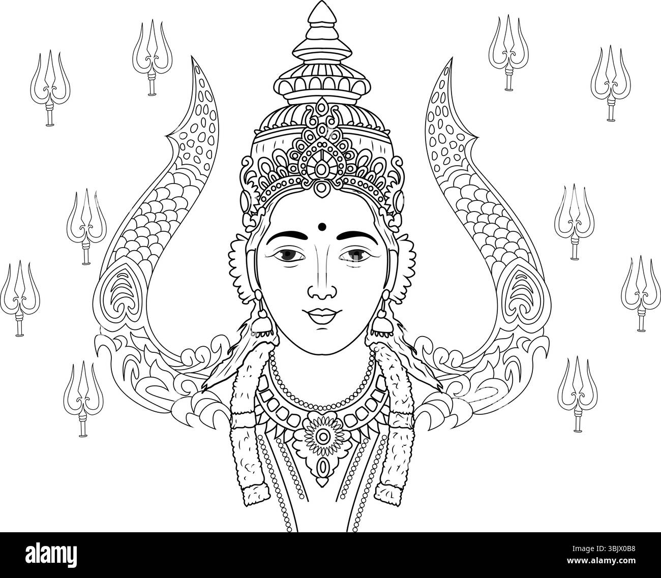 Illustration d'art au trait noir et blanc de la déesse hindoue Mahadevi, une représentation du féminin divin. L'illustration présente la divinité avec Trad Illustration de Vecteur