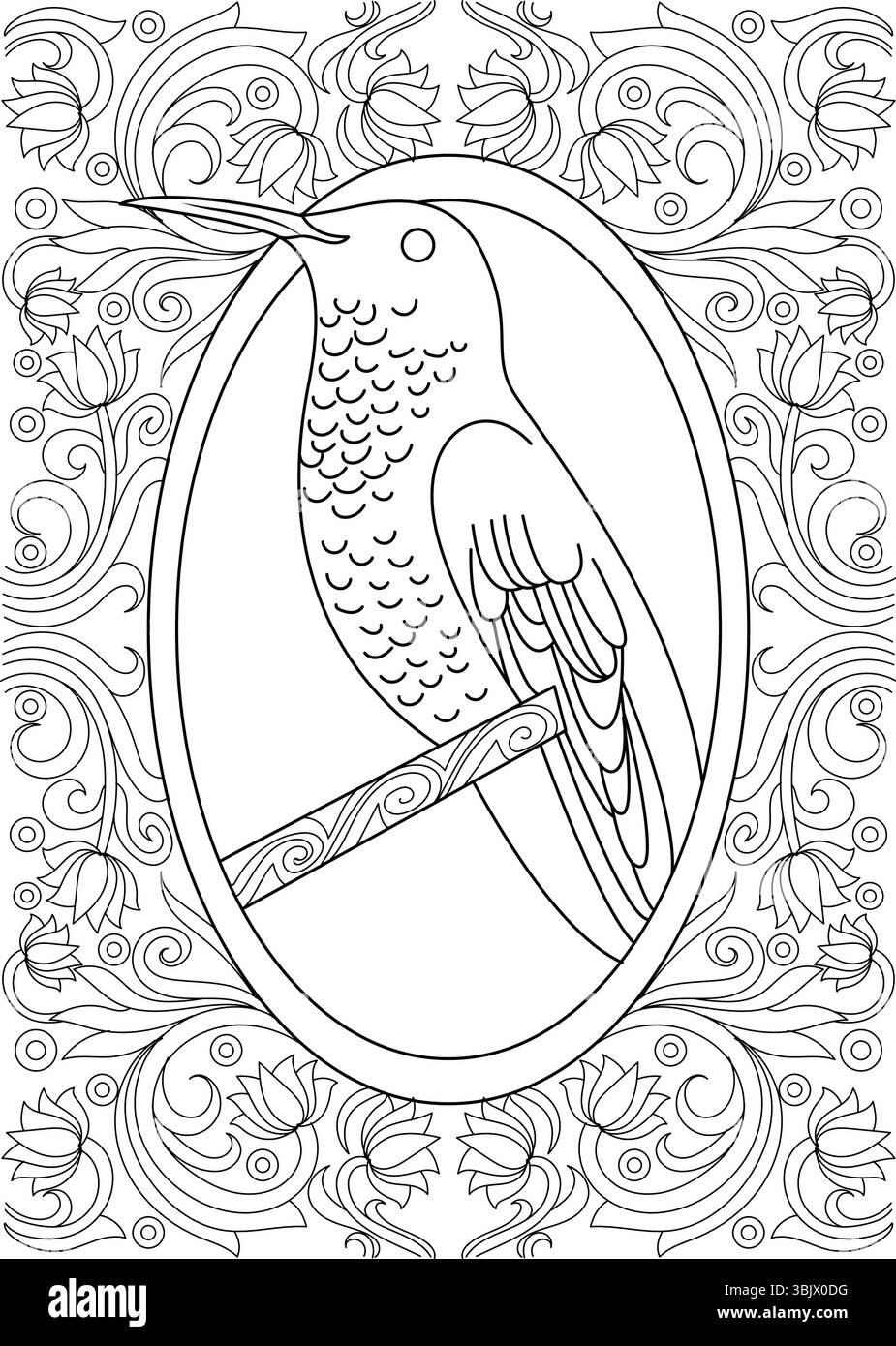 Dessin au trait noir et blanc d'un colibri perché à l'intérieur d'un cadre ovale orné, entouré de motifs décoratifs floraux et à volutes. Idéal pour Illustration de Vecteur