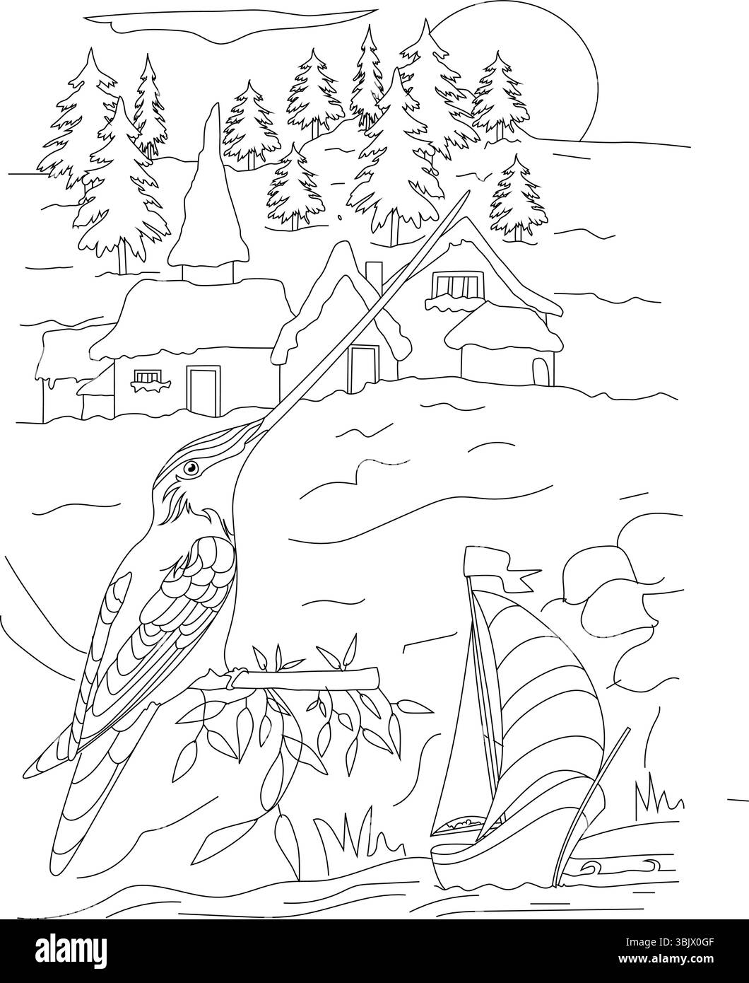 Simple dessin au trait noir et blanc représentant un paysage naturel avec des arbres, des cabanes rustiques, un oiseau perché sur une branche (suggérant une base de colibri Illustration de Vecteur