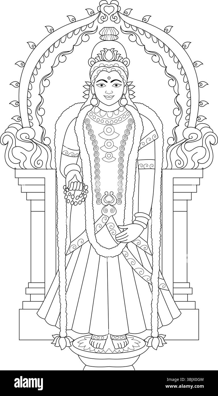 Un dessin au trait noir et blanc de la déesse hindoue Kanya Kumari Devi, représentée debout dans une arche ornée. Illustration de Vecteur