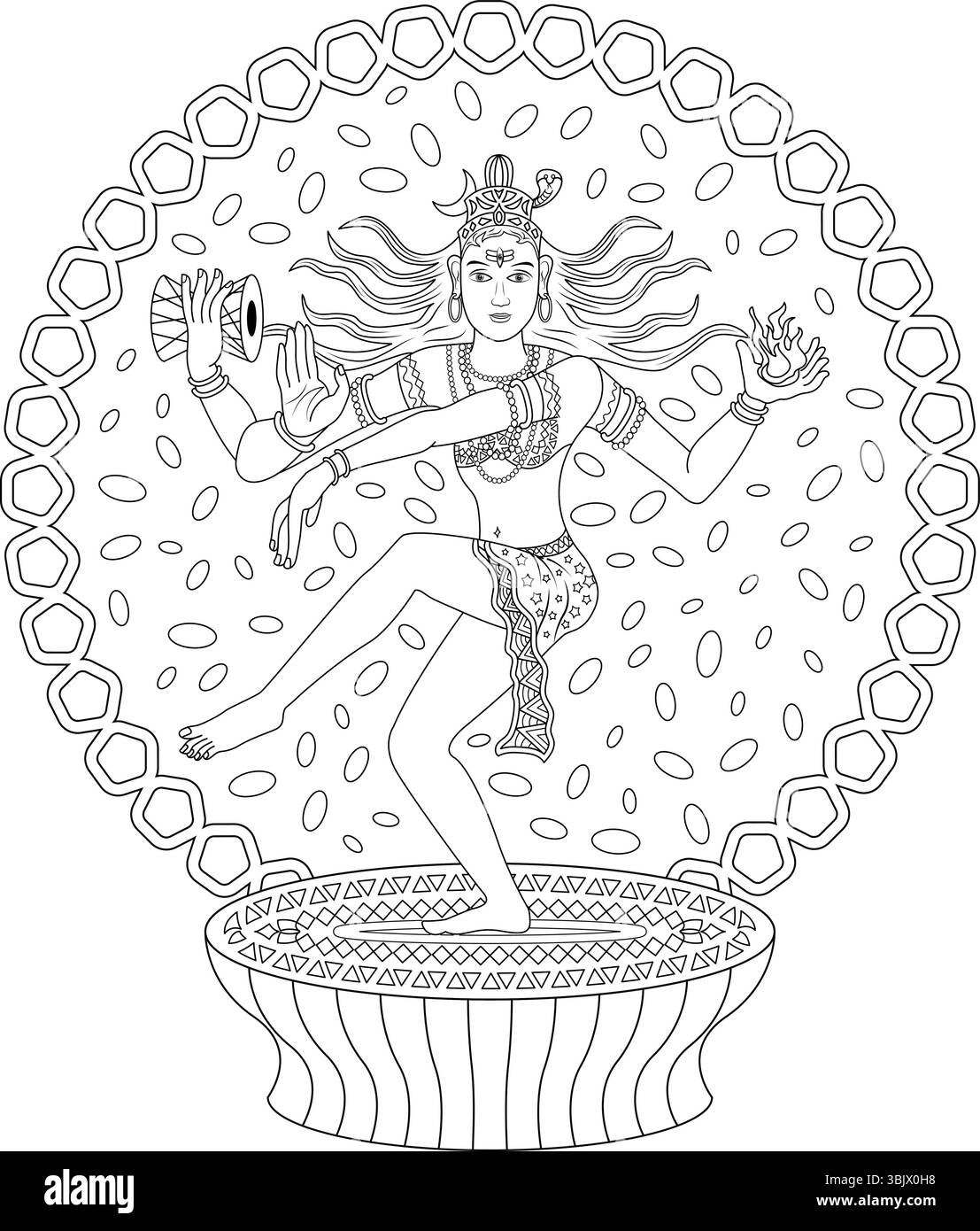 Illustration d'art de ligne noir et blanc du Seigneur Shiva dans sa forme Nataraja, représentant la danse cosmique (Tandava). La divinité à quatre bras est montrée dans le c. Illustration de Vecteur