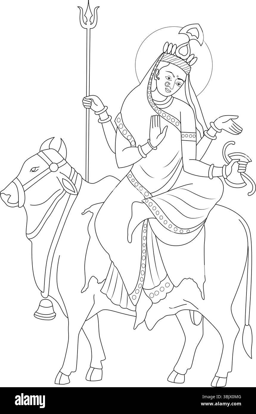 Illustration au trait de la déesse hindoue Maa Mahagauri, la huitième forme de la déesse Durga, représentée chevauchant un taureau ou une vache et tenant un trident et autre Illustration de Vecteur