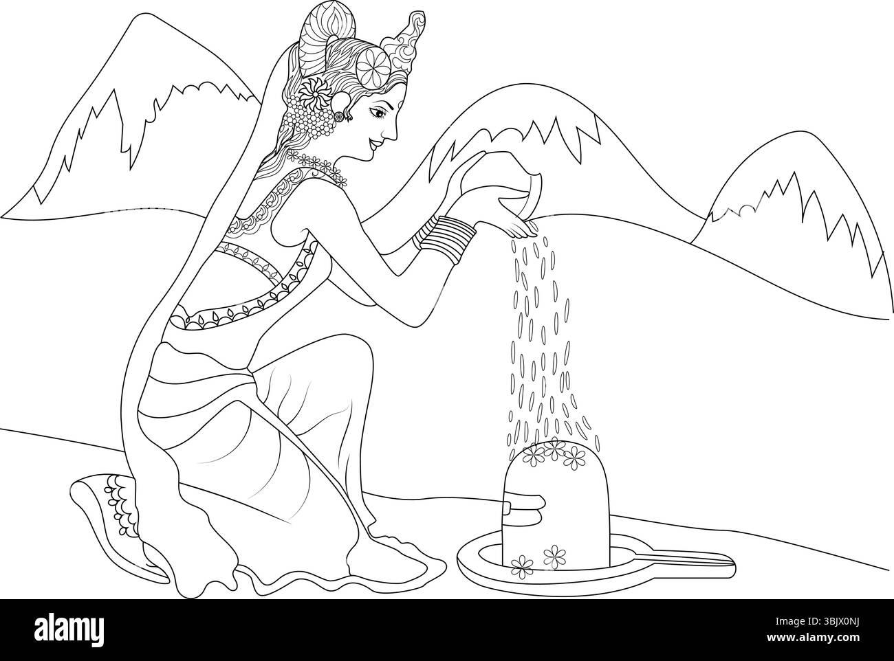 Illustration de dessin au trait représentant la déesse hindoue Parvati Mata exécutant une offrande rituelle (Abhishek) sur un Shiva Lingam, placé contre un dos Illustration de Vecteur