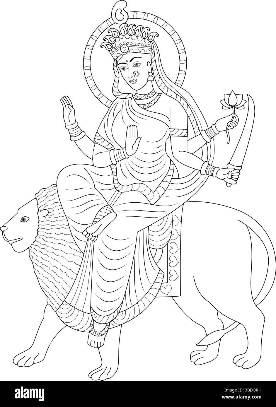 Dessin au trait noir et blanc de Katyayani Mata, la sixième forme de la déesse Durga, représentée avec plusieurs bras, tenant un lotus et une épée, et chevauchant Illustration de Vecteur