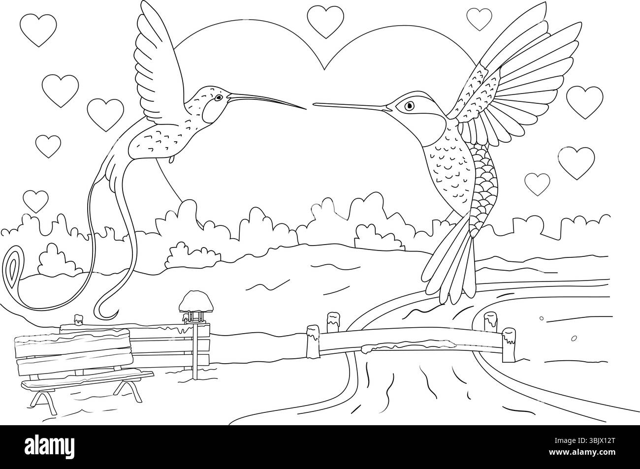 Illustration de contour de deux colibris volant avec des coeurs qui les entourent, situé dans une scène de parc charmant avec un banc et une balustrade. Parfait Illustration de Vecteur