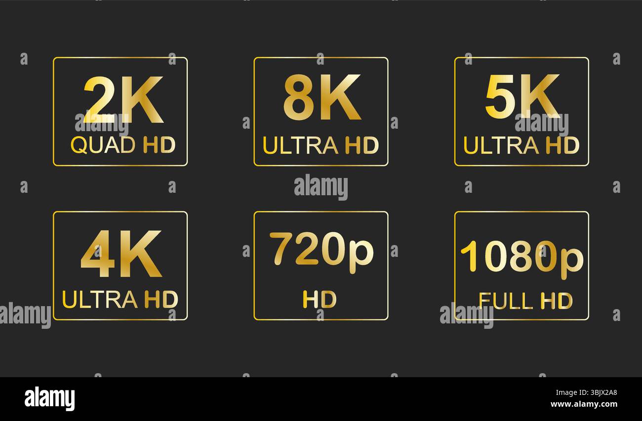 Résolutions vidéo Full ultra Quad HD, icône de badge de qualité vidéo. Résolution vidéo définie. Illustration vectorielle Illustration de Vecteur
