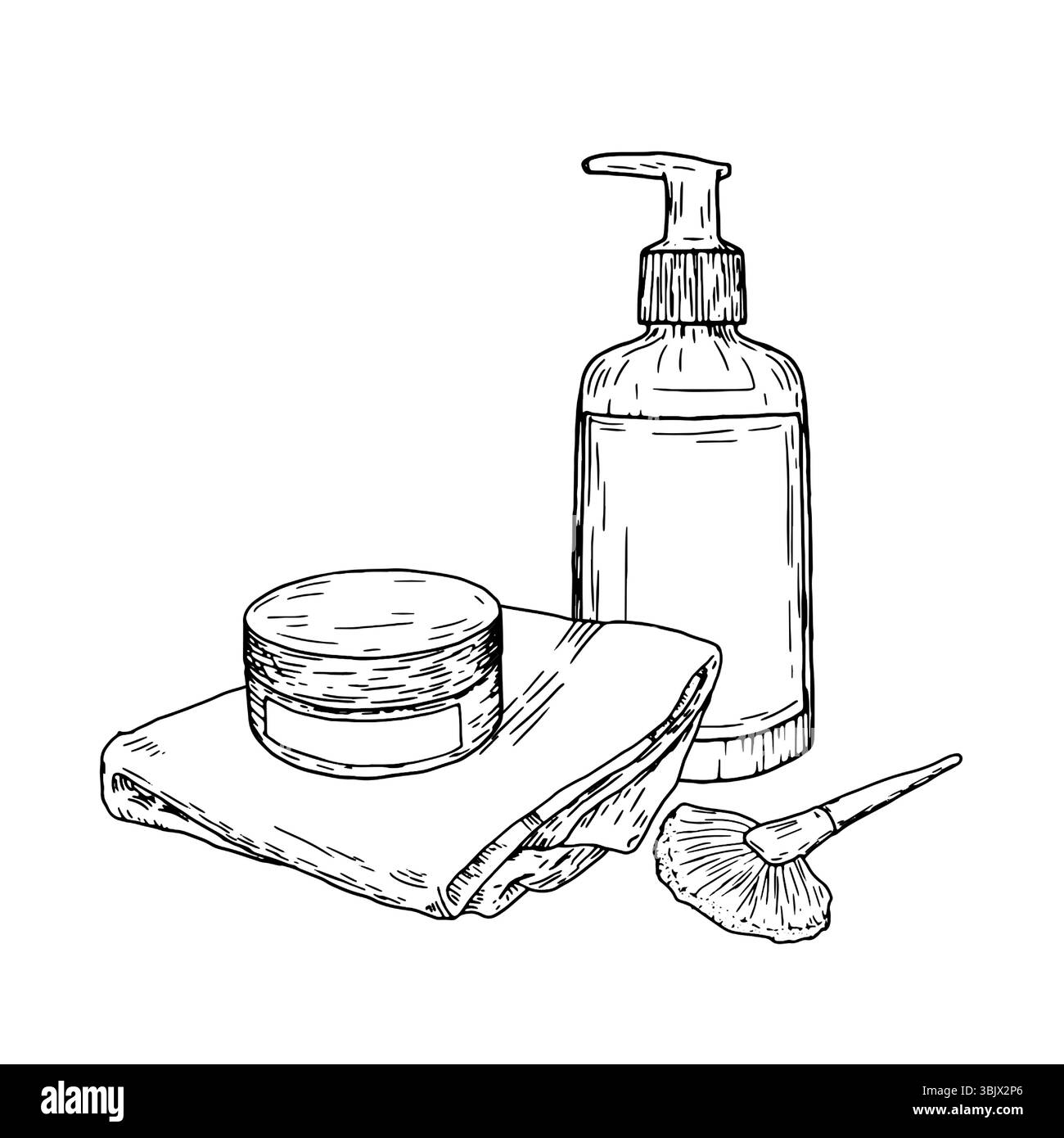 Gel douche, crème pour le corps et serviette douce. Pinceaux et flacons de maquillage. Illustration vectorielle. Accessoires de spa et bains, isolés sur un fond blanc. W Illustration de Vecteur