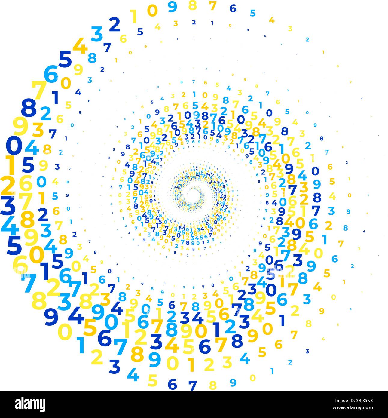 Illustration vectorielle abstraite de nombres colorés dispersés aléatoirement en forme de vortex spiralé numérique, composition dynamique avec chiffres, isolat Illustration de Vecteur