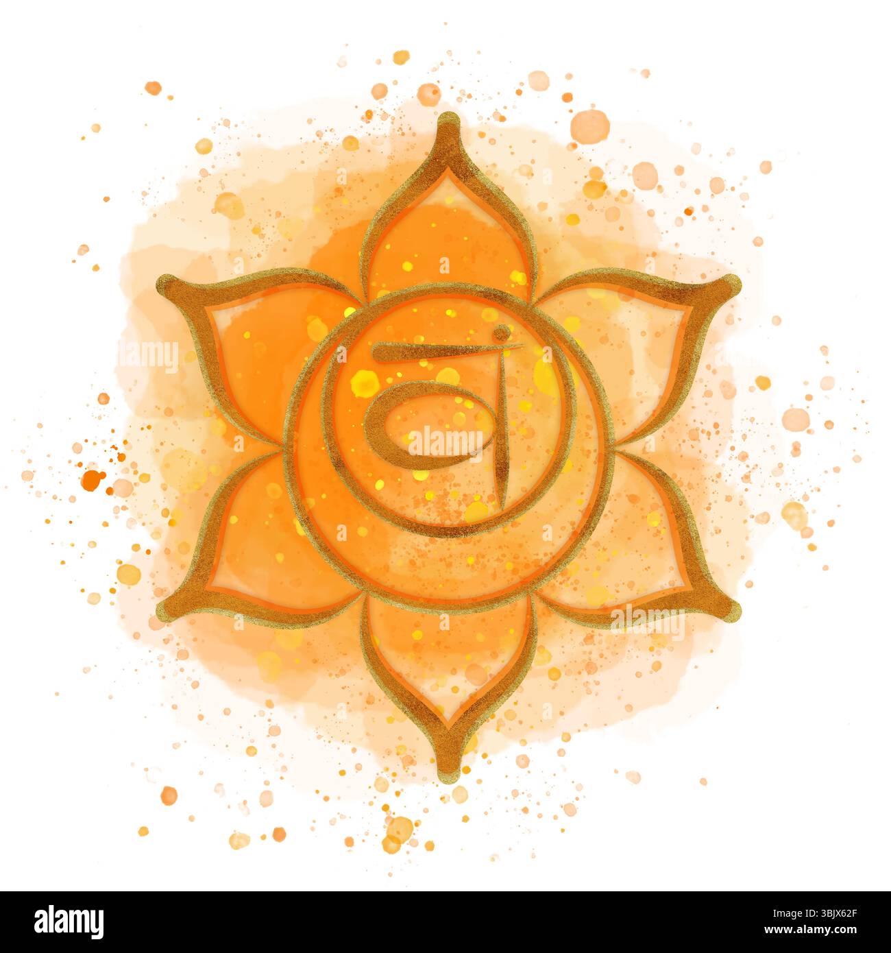 Chakra sacré doré Svadhisthana sur fond orange aquarelle et symbole sanskrit au centre. Bilan énergétique. Illustration dessinée à la main pour la couverture Banque D'Images