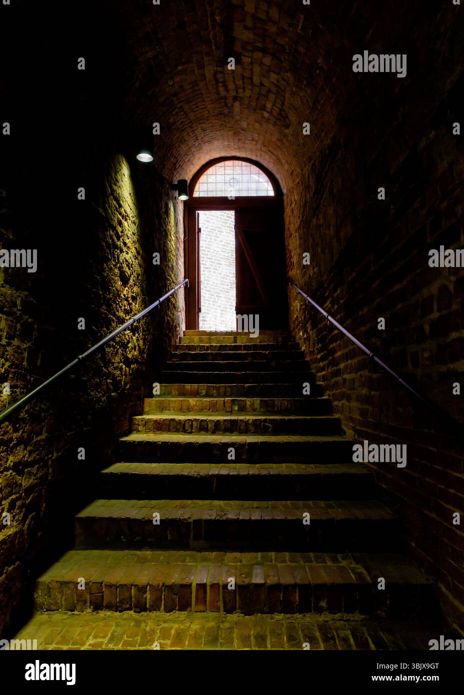 Un escalier mène à une porte dans un tunnel de briques. Banque D'Images