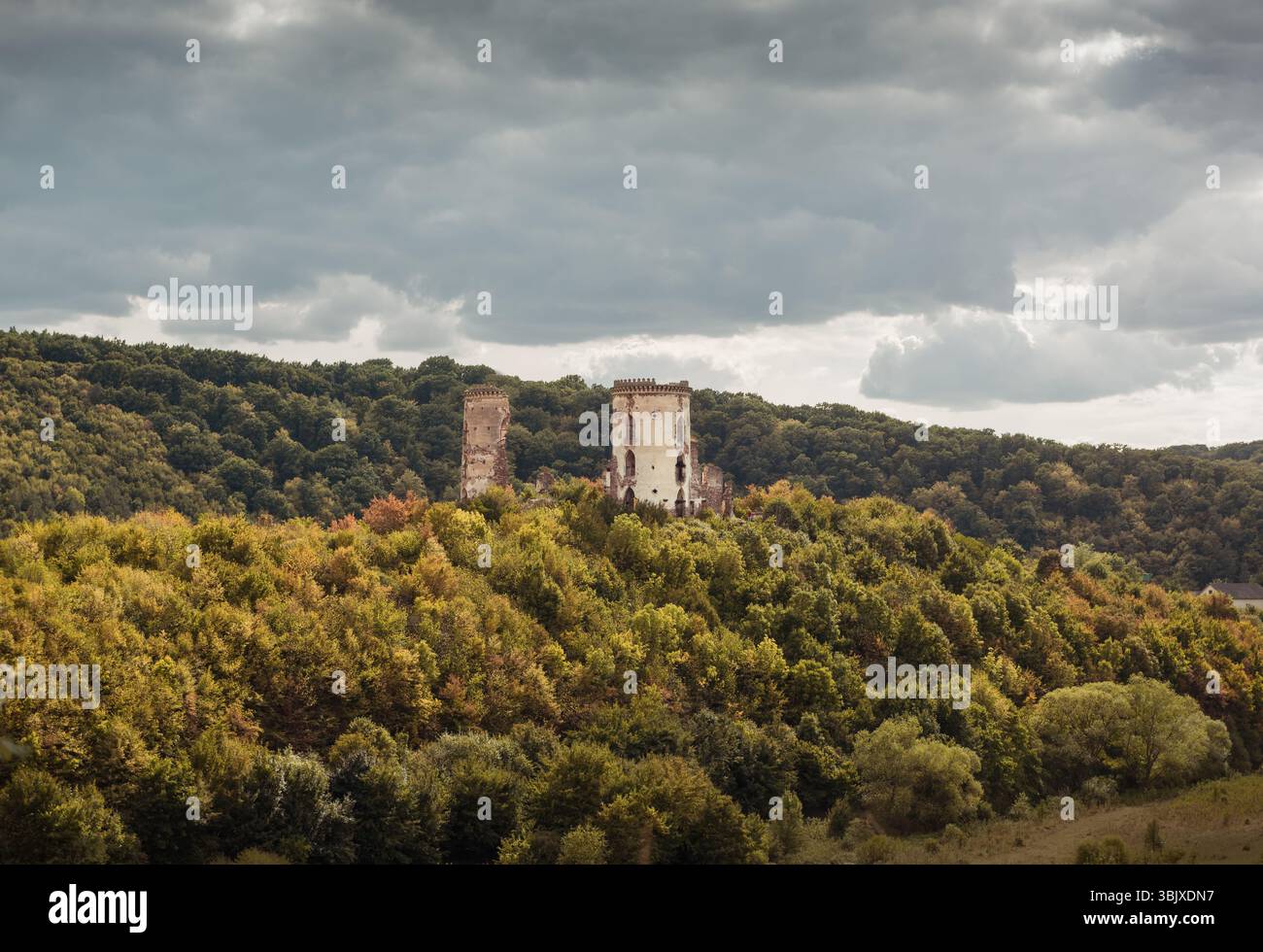 Château de Chervonohorod sur une colline escarpée au milieu de la vallée de la rivière Dzhuryn. Deux ruines de tour de château abandonné près de Nyrkiv, Ukraine. Banque D'Images