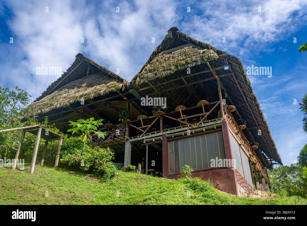 Restaurant au toit de chaume au Yarina Ecolodge près de la rivière Napo dans le bassin amazonien de l'Équateur. Banque D'Images