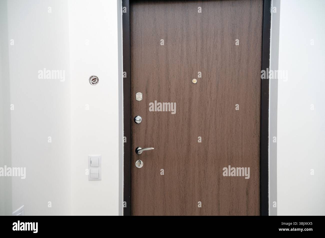 gros plan d'une porte en bois avec une poignée en métal. Banque D'Images