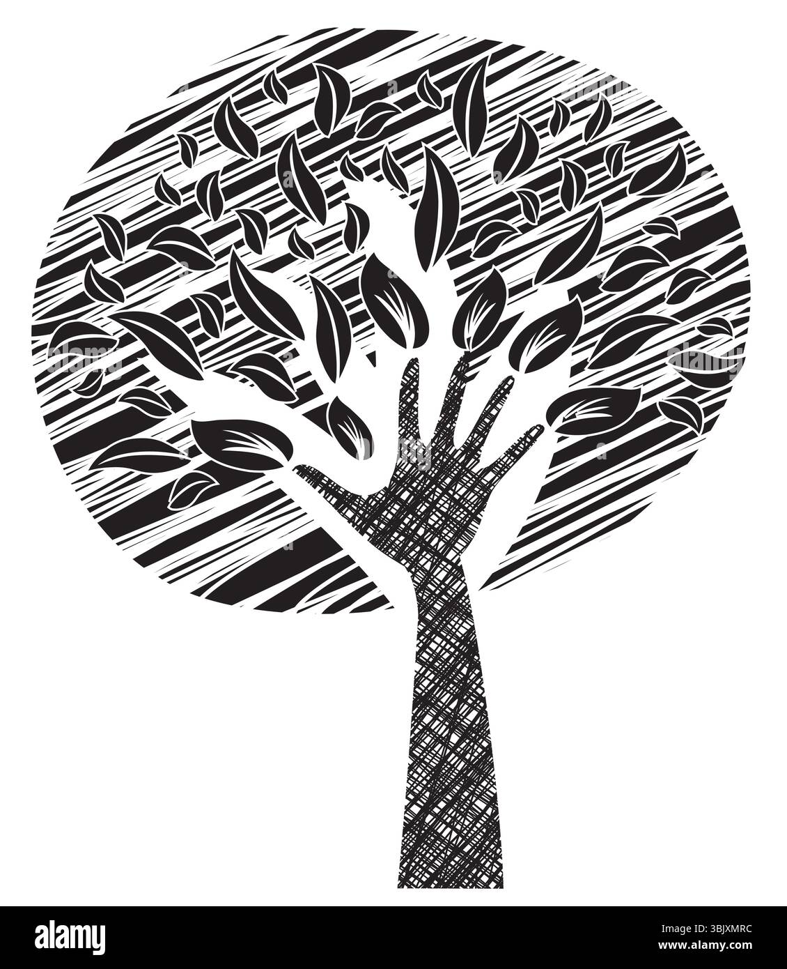 Arbre d'illustration avec feuillage - Grande main comme tronc. Couleurs noir et blanc. Conception vectorielle Illustration de Vecteur