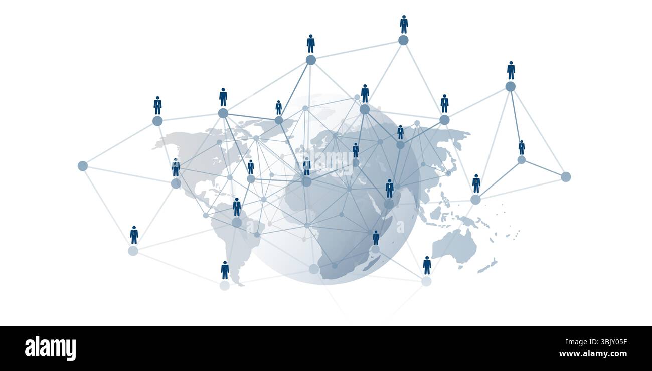 Illustration conceptuelle d'un réseau social ou d'entreprise mondial. Les figures humaines stylisées sont interconnectées par des lignes et des nœuds. Fond de carte du monde, symbo Illustration de Vecteur