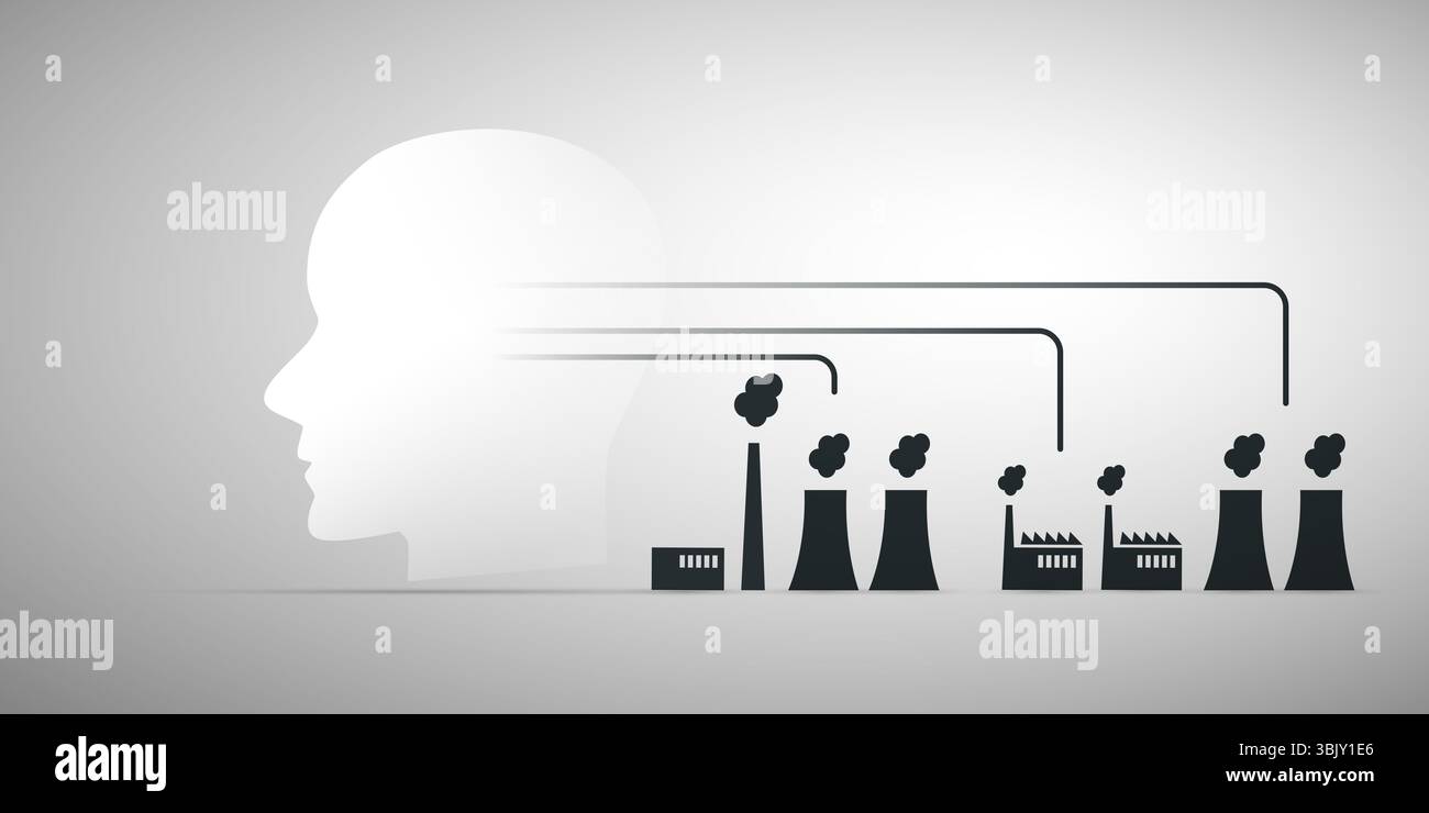La faim d'énergie de L'IA répond aux préoccupations environnementales : une silhouette de tête humaine à côté des centrales à charbon met en évidence le coût écologique de l'alimentation en énergie de l'énergie avancée Illustration de Vecteur