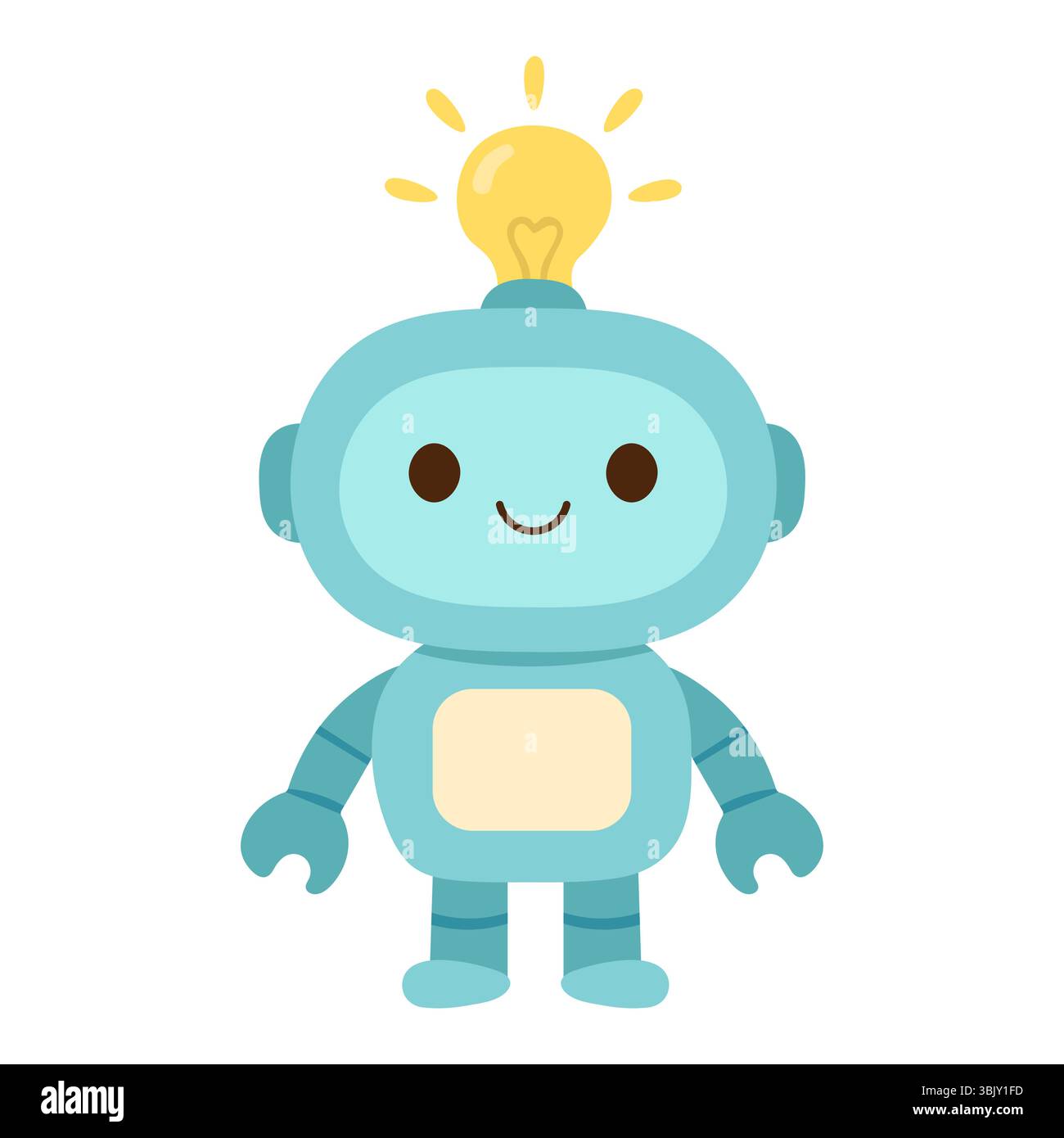 Robot bleu souriant avec ampoule sur la tête pour des projets et des designs d'enfants sur le thème de la technologie Illustration de Vecteur