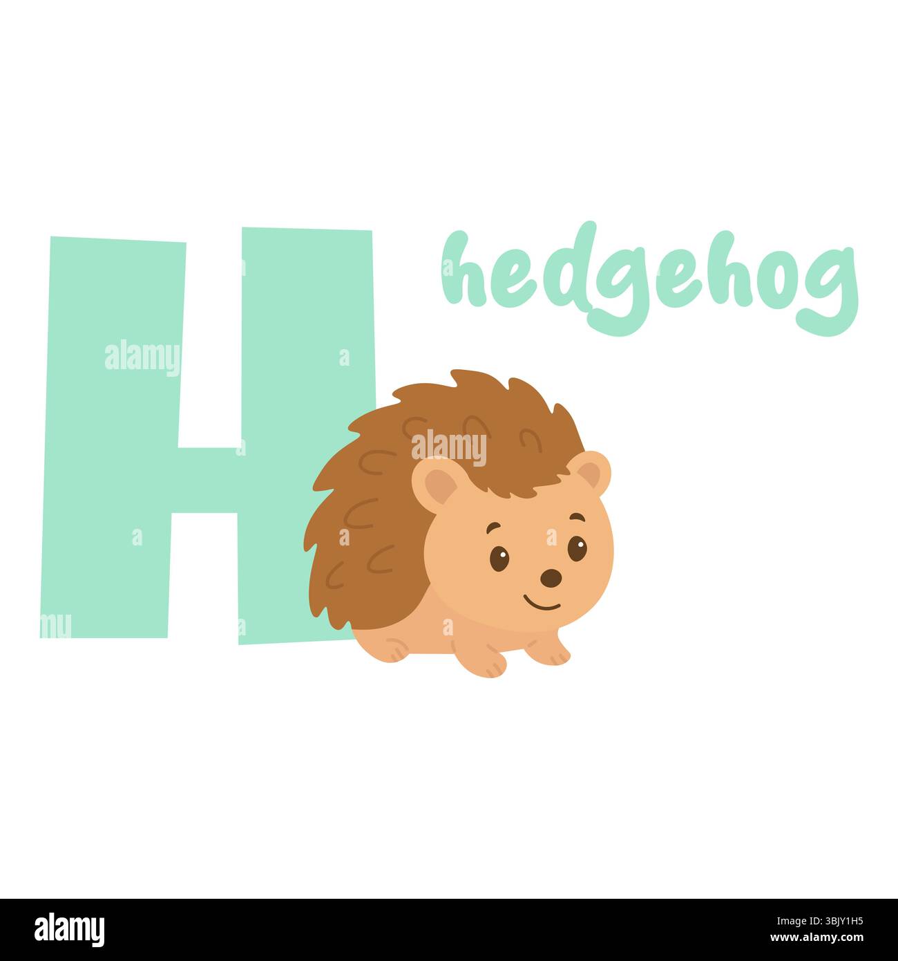 Doux petit hérisson assis près de la grande lettre verte h parfait pour l'apprentissage précoce et le matériel préscolaire Illustration de Vecteur