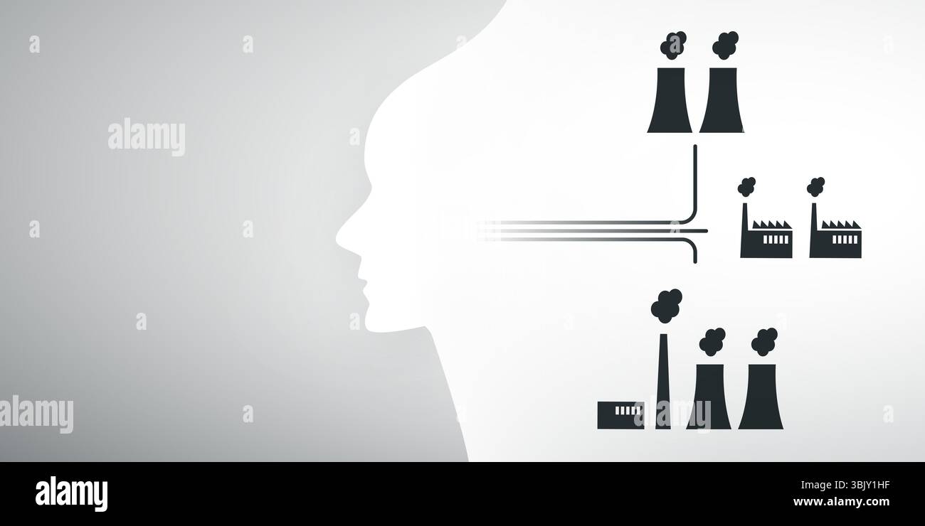 La faim d'énergie de L'IA répond aux préoccupations environnementales : une silhouette de tête humaine à côté des centrales à charbon met en évidence le coût écologique de l'alimentation en énergie de l'énergie avancée Illustration de Vecteur