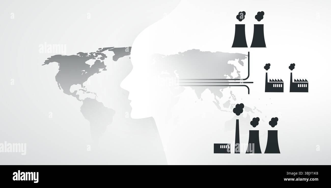 La faim d'énergie de L'IA rencontre les préoccupations environnementales conception : une silhouette de tête humaine à côté des centrales à charbon met en évidence le coût écologique global de l'énergie Illustration de Vecteur