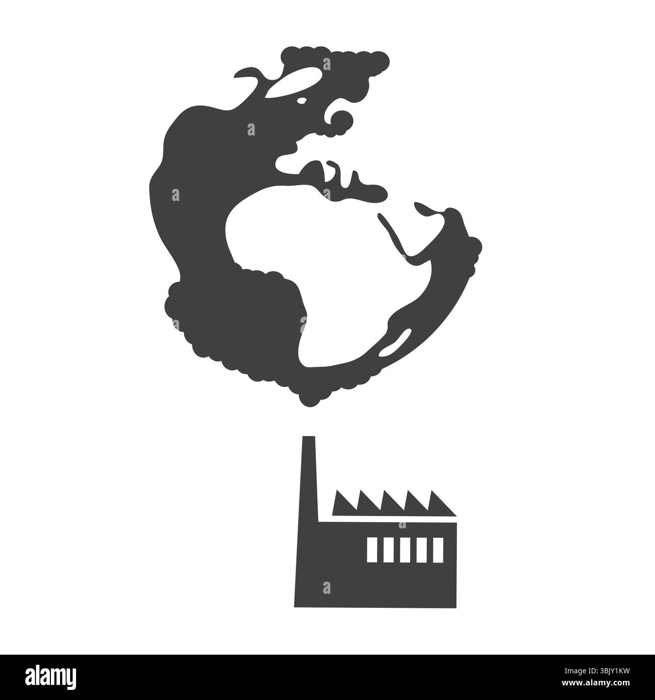 Une usine stylisée émet une fumée noire épaisse de sa cheminée, qui se transforme en une forme de globe. Les continents émergent de la fumée, symbolisant th Illustration de Vecteur