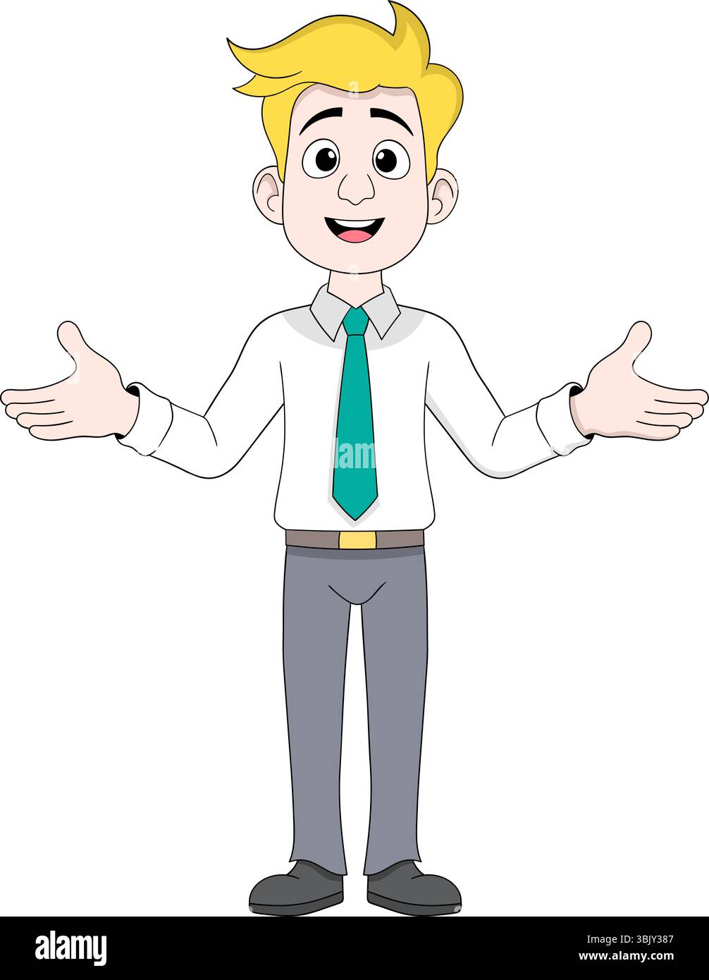 Illustration de dessin animé d'un homme d'affaires confiant debout avec les bras grands ouverts, symbolisant la transparence, l'ouverture et la disponibilité pour l'investissement op Illustration de Vecteur