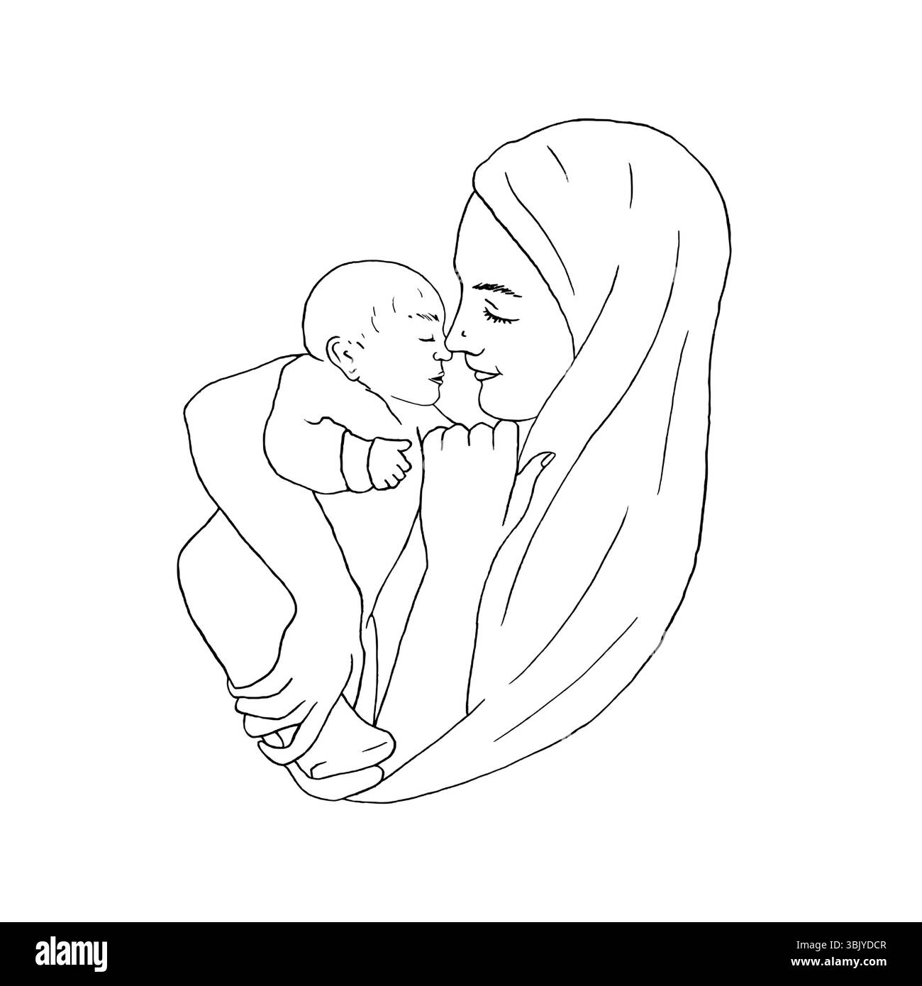 Mère embrasse le bébé endormi face à face. La mère tient l'enfant. Illustration vectorielle graphique, ligne à droite De la maternité à la fête des mères. Pour les cartes postales Illustration de Vecteur