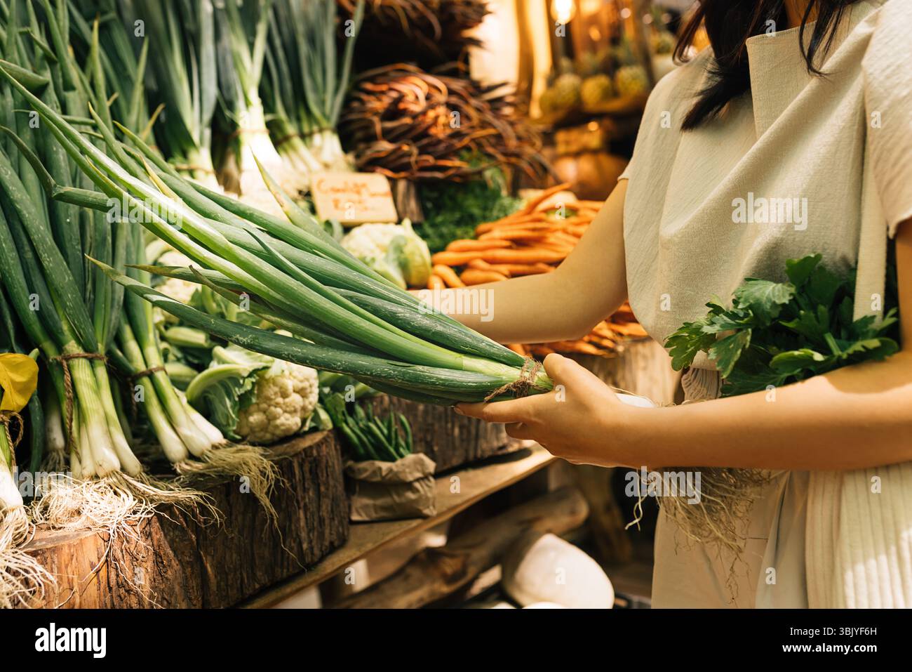 Mains d'une femme méconnaissable tenant un oignon de printemps frais à un étal de marché en plein air Banque D'Images