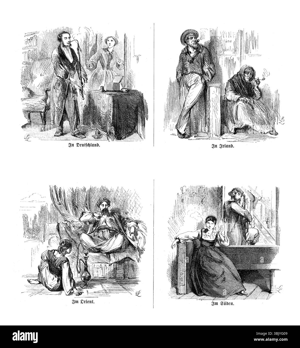 Vignettes avec des caricatures de personnes avec différents styles de tabagisme autour du monde, illustration du 19ème siècle Banque D'Images