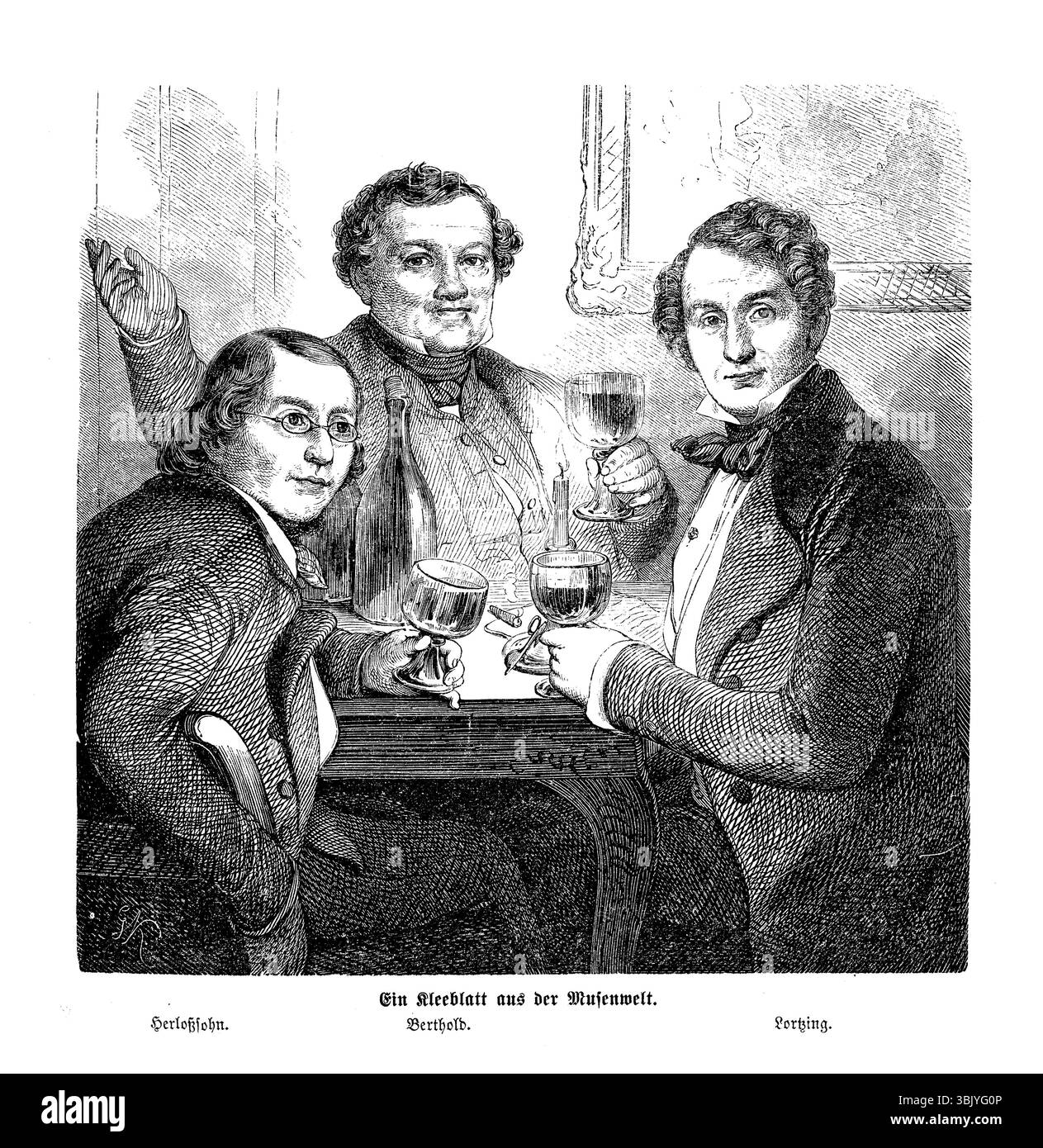 Un trio allemand de début 1800 jouissant de leur compagnie devant un verre à vin : Albert Lortzing (1801-1851) compositeur et librettiste, Carl Herloßsohn (1804-1849) journaliste et encyclopédiste, Carl Ferdinand Berthold (1799-1838) graveur et dessinateur Banque D'Images