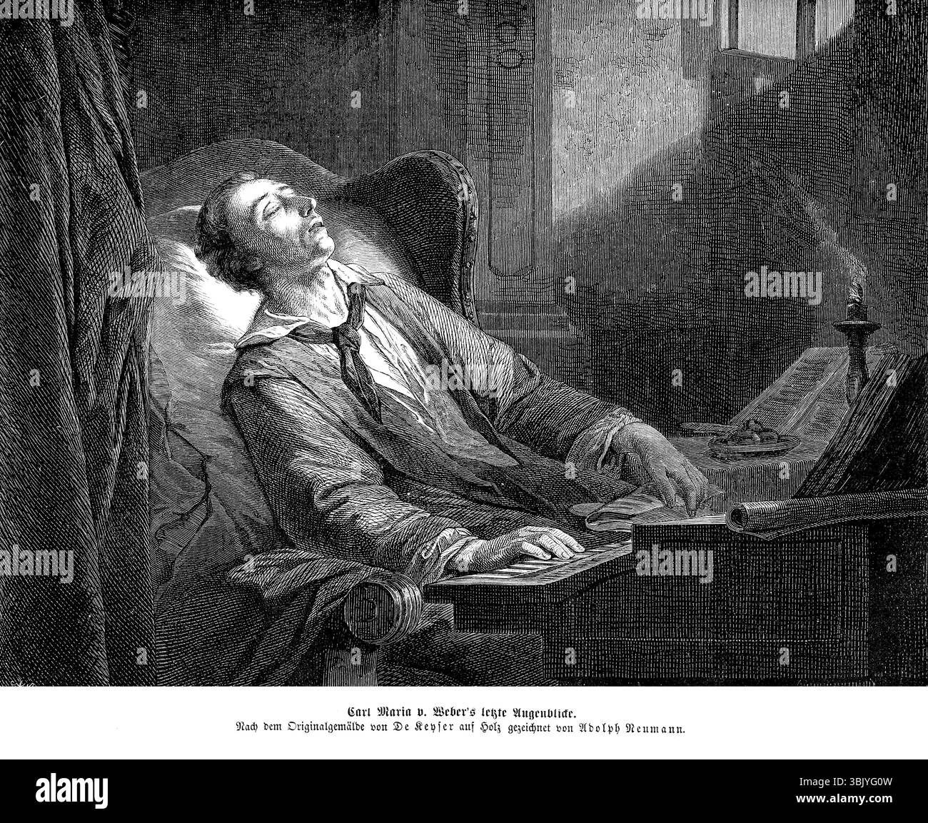 Derniers instants avant la mort de Carl Maria von Weber (1786-1826), compositeur romantique allemand, illustration du XIXe siècle Banque D'Images