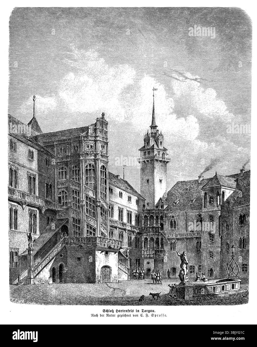 Château allemand Hartenfels Renaissance à Torgau du XVe siècle, fortifié sur la rive de l'Elbe avec le grand escalier en colimaçon, illustration du XIXe siècle Banque D'Images