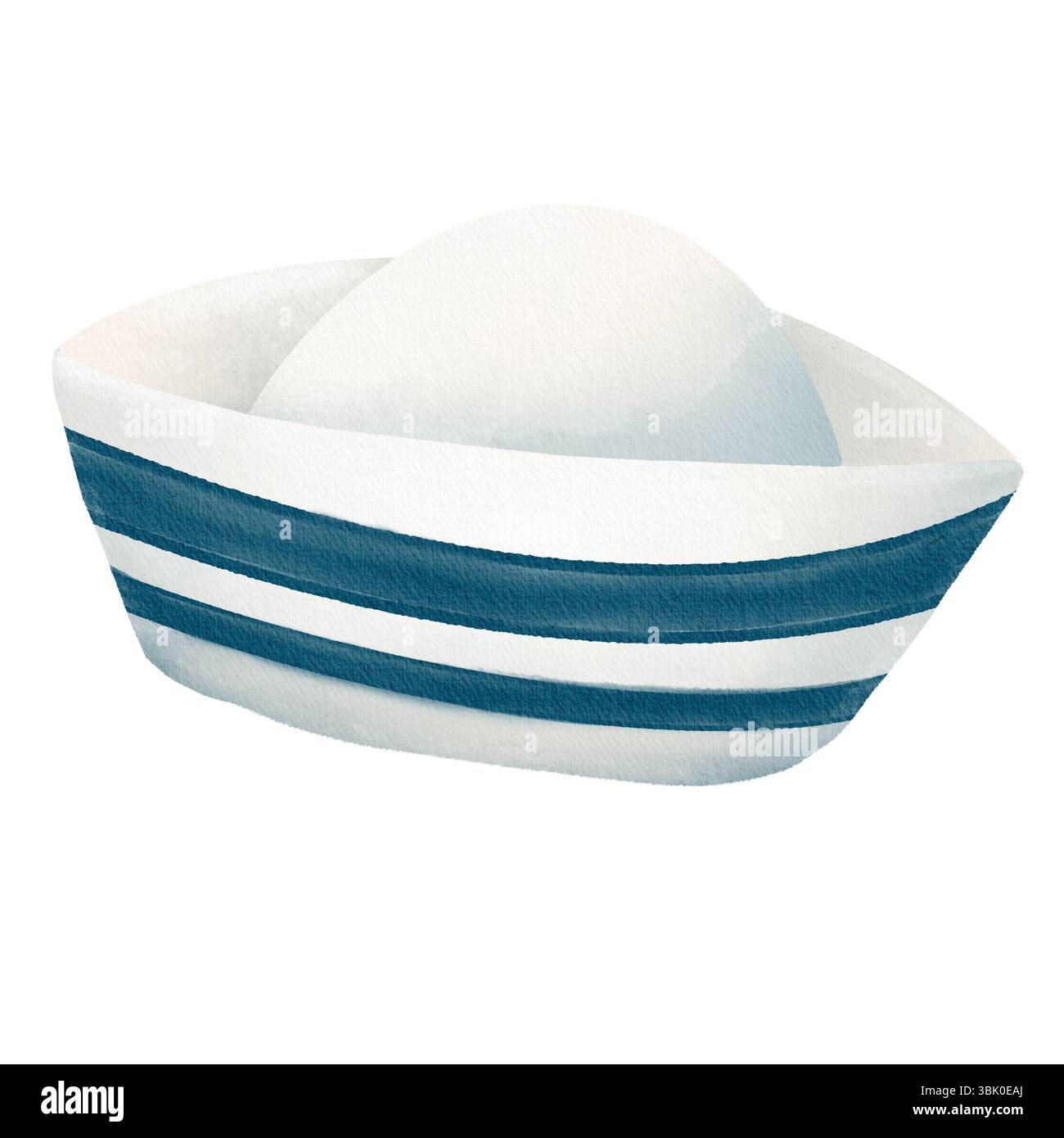 Illustration aquarelle d'un chapeau de marin classique avec des accents bleus doux. Peint à la main dans un style nautique, parfait pour les dessins à thème nautique Banque D'Images