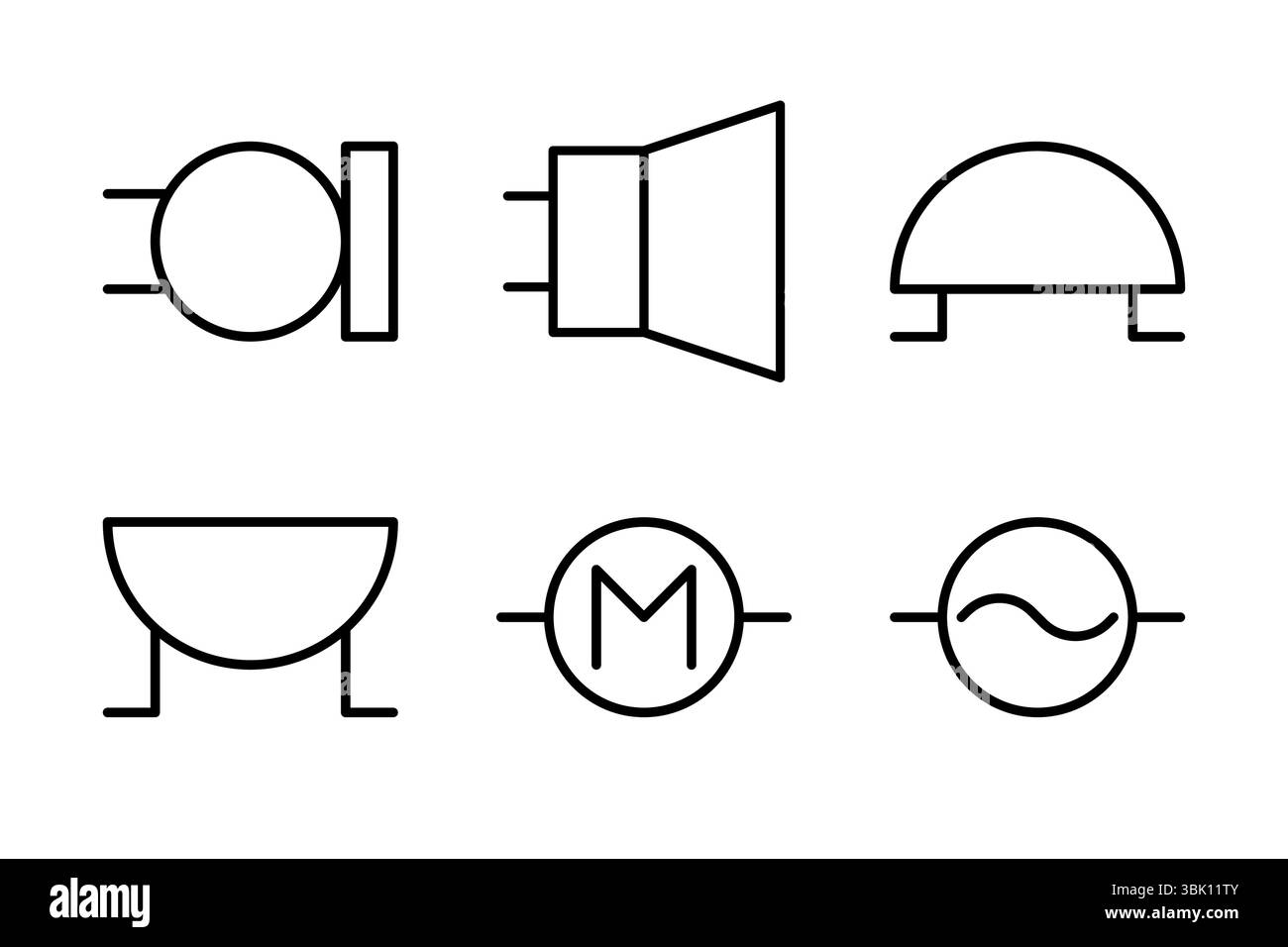 Icônes des périphériques audio microphone, haut-parleur et sources d'alimentation AC, DC pour les conceptions de circuit. Illustration de Vecteur