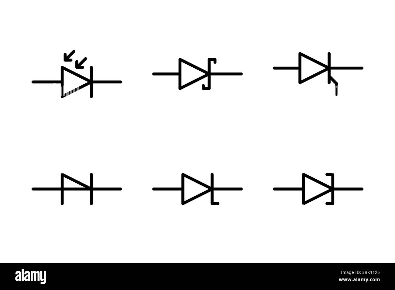 Icônes de diodes spécialisées comme photo, Schottky et SCR pour les schémas de circuits électroniques. Illustration de Vecteur