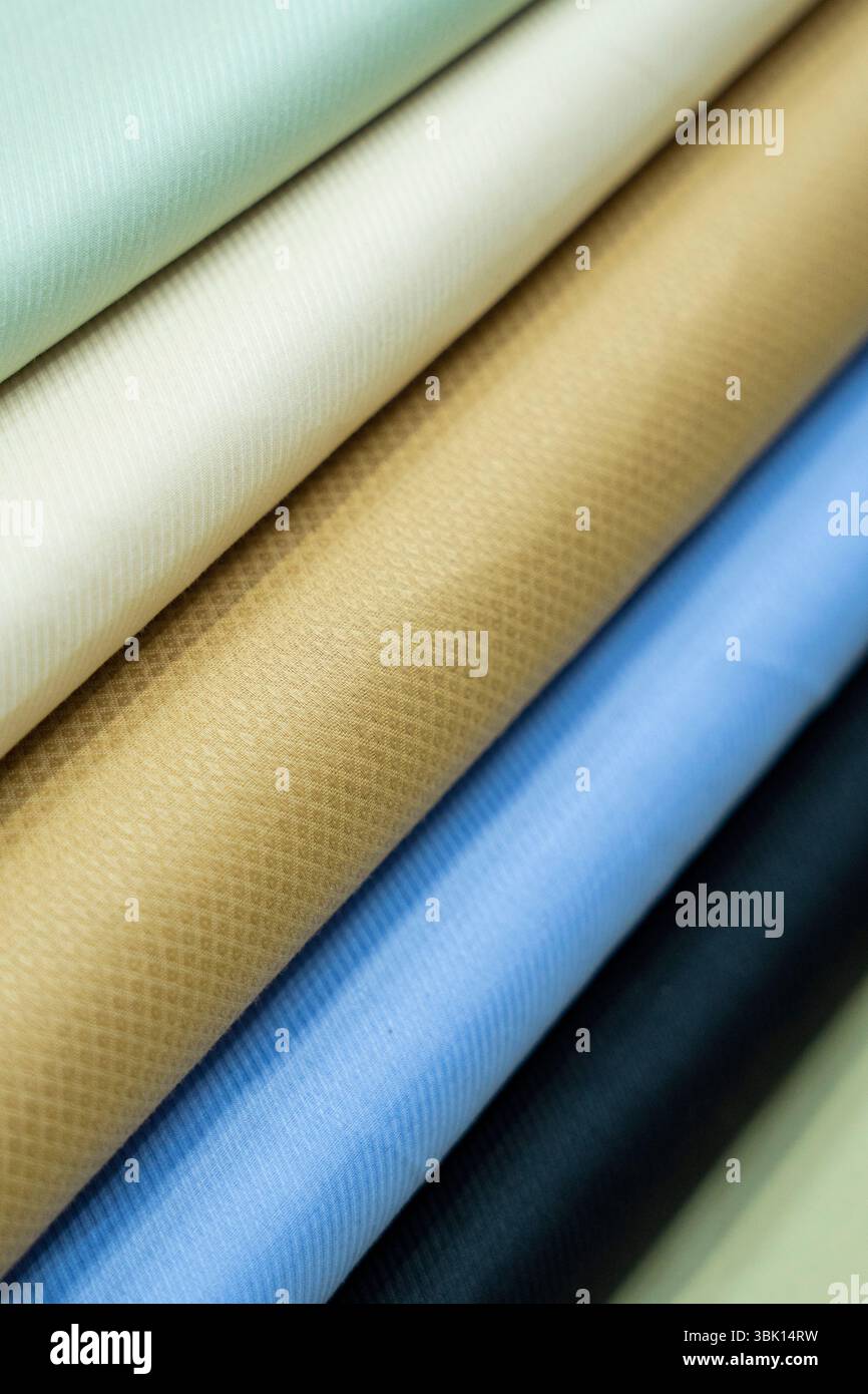 Vue rapprochée des échantillons de tissu enroulé de différentes couleurs et textures, mettant en valeur des motifs subtils et des détails de matériaux. Banque D'Images