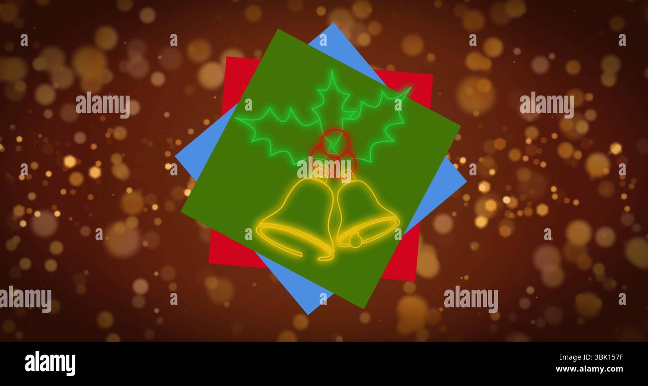 Affichage de cloches néon sur des carrés colorés dans l'art festif, avec des feuilles de houx, des baies et du bokeh Banque D'Images