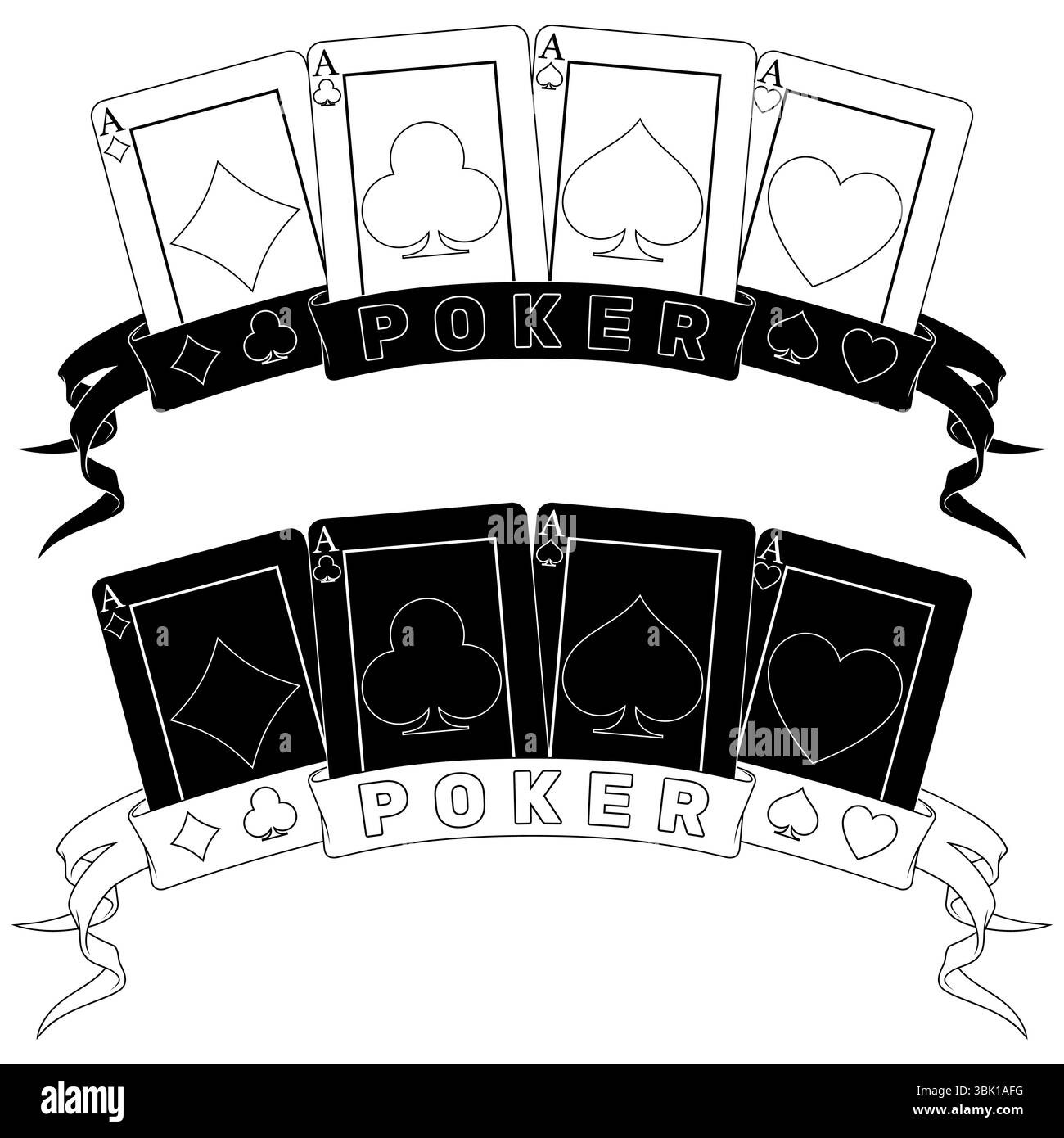 Cartes de poker entourées d'un ruban, symboles de poker de coeur, diamant, club et as Illustration de Vecteur