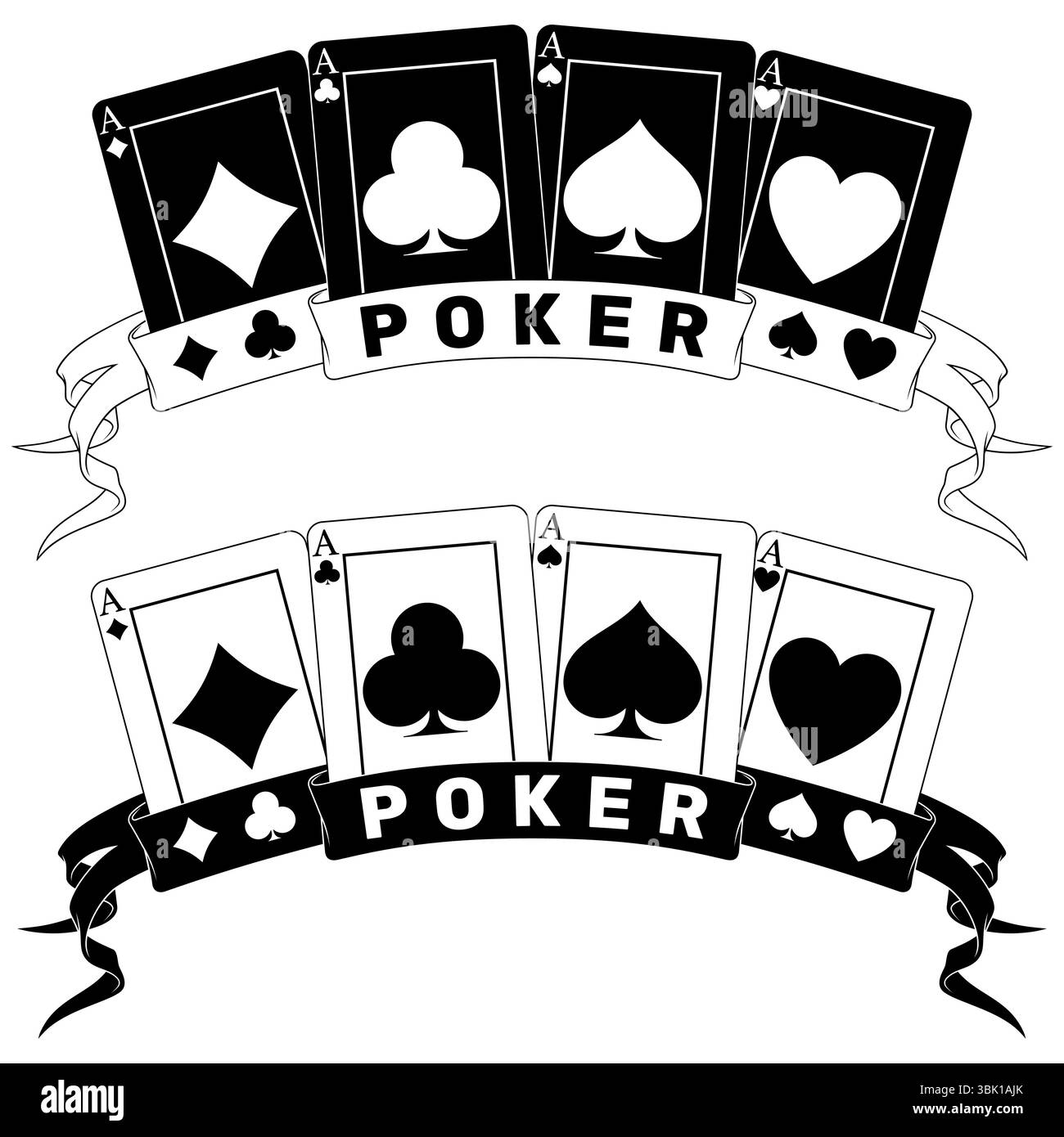Cartes de poker entourées d'un ruban, symboles de poker de coeur, diamant, club et as Illustration de Vecteur