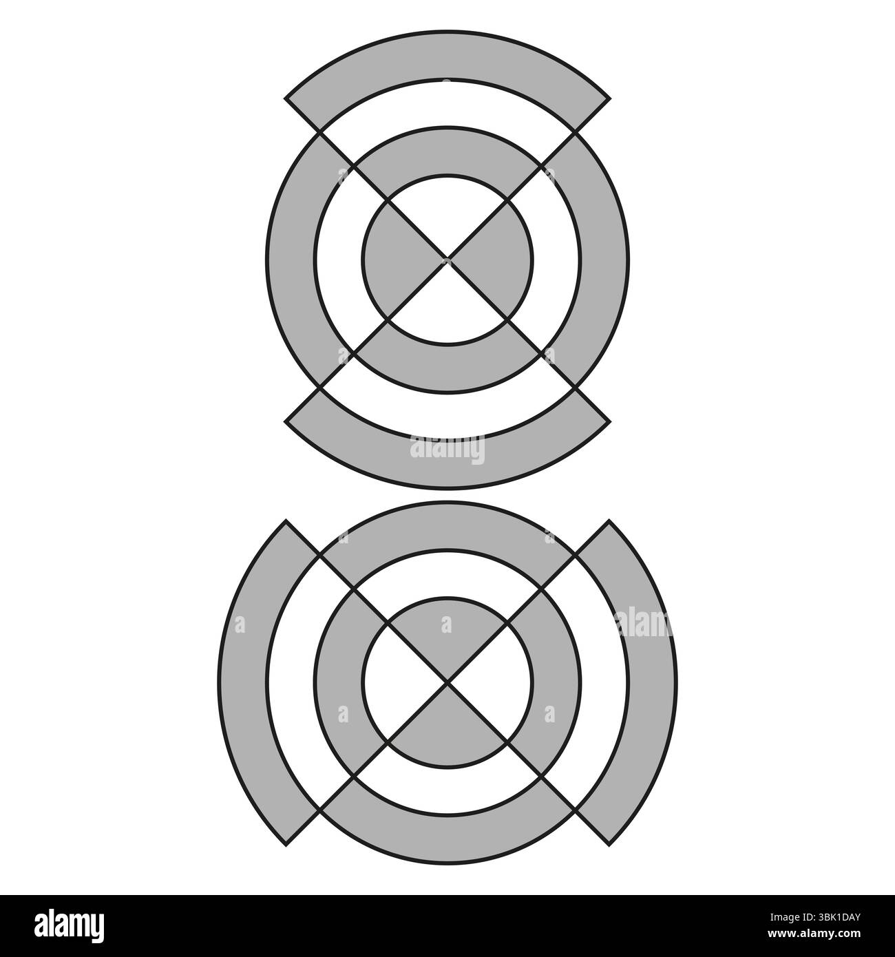 Anneaux concentriques croisés. Forme cible vectorielle. Géométrie de cercle gris. Forme radiale chevauchante. Illustration de Vecteur