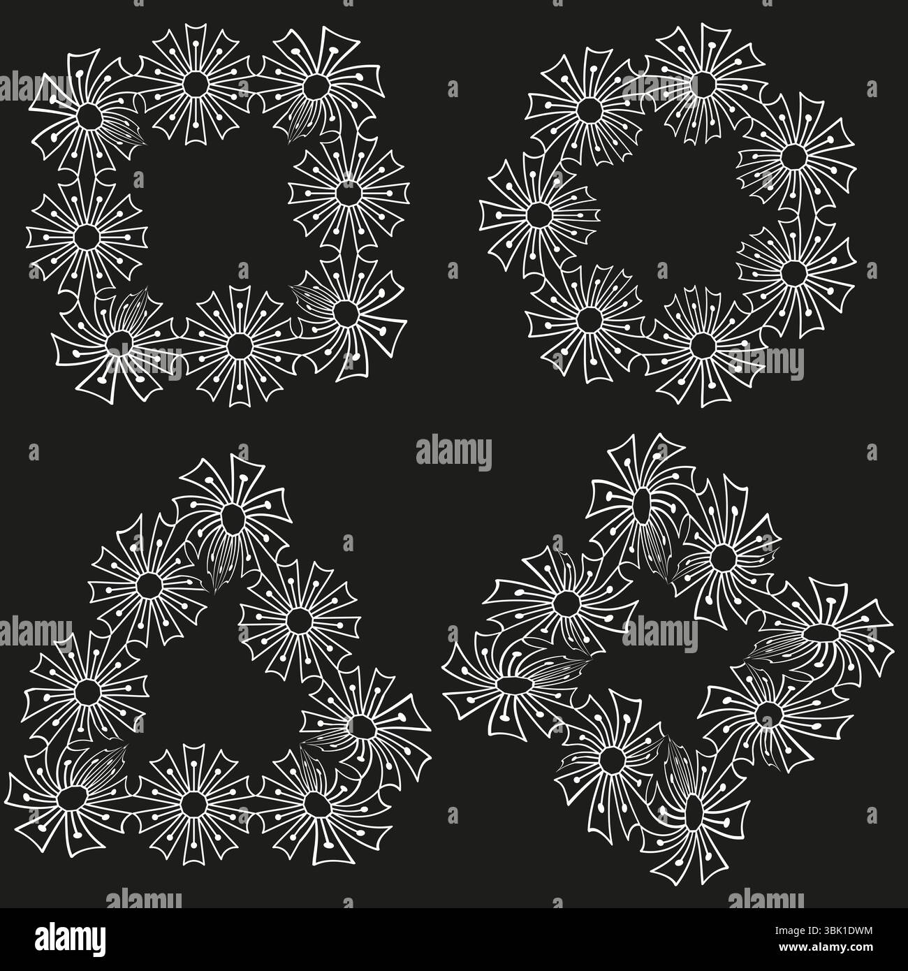 icône couronne loral. Formes géométriques de fleurs. Triangle cercle carré. Vecteur de fond noir. Illustration de Vecteur