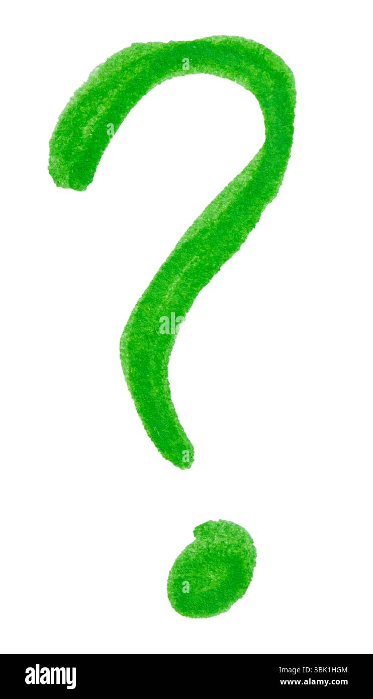 Point d'interrogation vert dessiné à la main isolé sur blanc Banque D'Images
