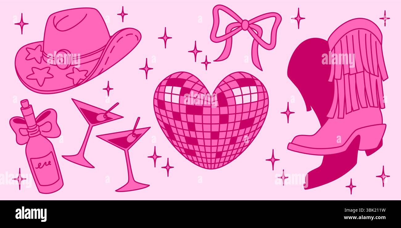 Ensemble d'éléments de fête de cowgirl disco rose - boule miroir scintillante en forme de coeur, bottes occidentales frangées, ruban décoratif, chapeau à motif étoile, verres à cocktail, bouteille attachée avec arc. Icône de musique country rétro Illustration de Vecteur